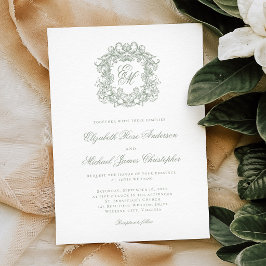 Elegant Sage Green Crest Monogram Wedding Kaart