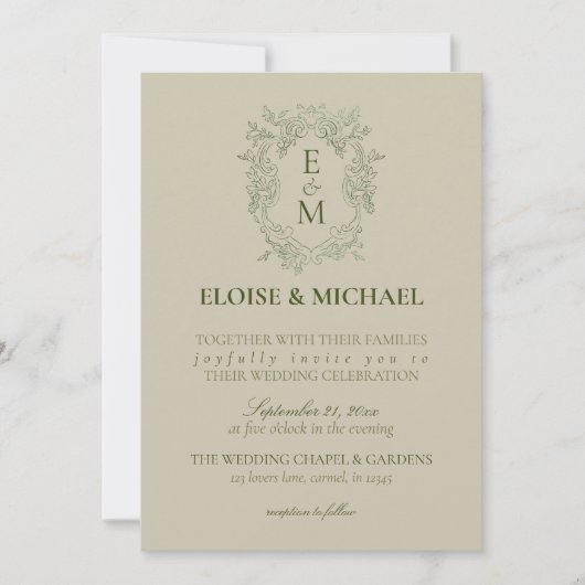 Elegant Sage Green Crest Monogram Wedding Kaart (Voorkant)