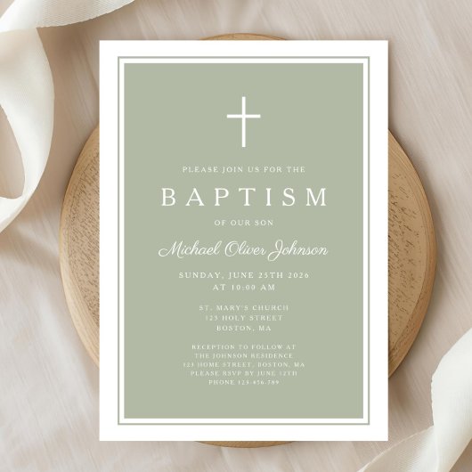 Elegant Sage Green Cross Baby Boy Baptism Kaart