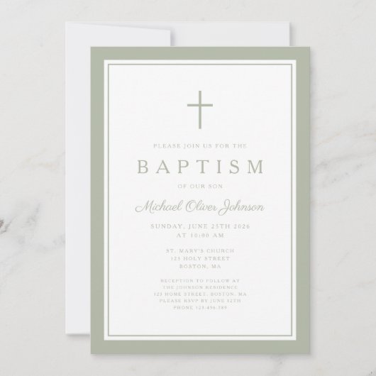 Elegant Sage Green Cross Boy Baptism Kaart (Voorkant)