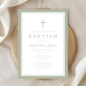 Elegant Sage Green Cross Boy Baptism Kaart