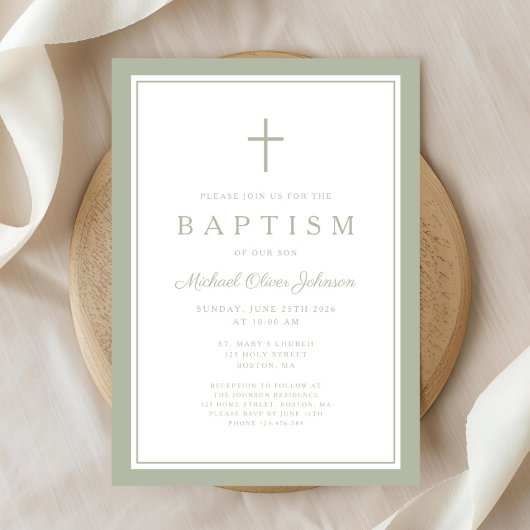 Elegant Sage Green Cross Boy Baptism Kaart