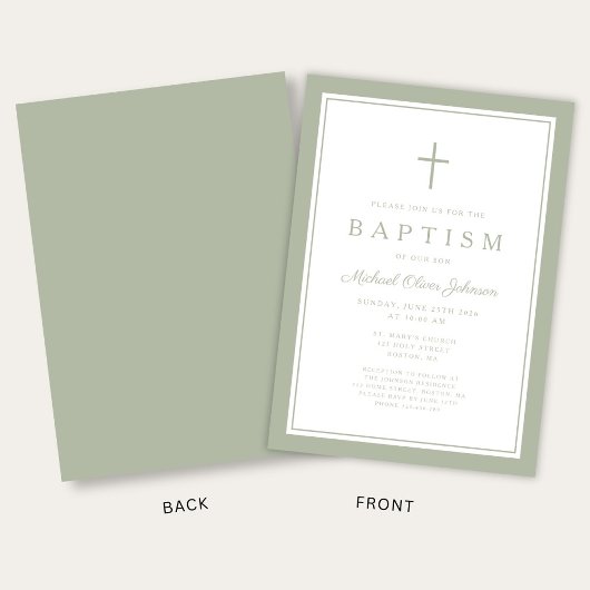 Elegant Sage Green Cross Boy Baptism Kaart