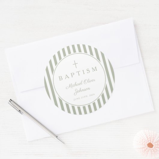 Elegant Sage Green Cross Boy Baptism  Ronde Sticker (Envelop)