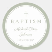 Elegant Sage Green Cross Boy Baptism  Ronde Sticker (Voorkant)