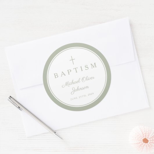 Elegant Sage Green Cross Boy Baptism  Ronde Sticker (Envelop)