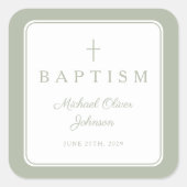 Elegant Sage Green Cross Boy Baptism  Vierkante Sticker (Voorkant)