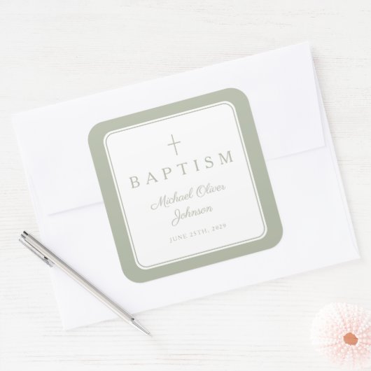 Elegant Sage Green Cross Boy Baptism  Vierkante Sticker (Envelop)