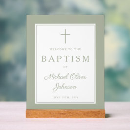 Elegant Sage Green Cross Boy Baptism Welcome Acryl Bord