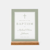 Elegant Sage Green Cross Boy Baptism Welcome Acryl Bord (Voorkant)
