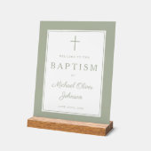 Elegant Sage Green Cross Boy Baptism Welcome Acryl Bord (Hoek)