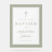 Elegant Sage Green Cross Boy Baptism Welcome Acryl Bord (Voorkant)