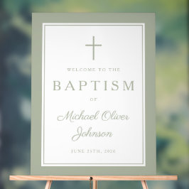 Elegant Sage Green Cross Boy Baptism Welcome Acryl Bord