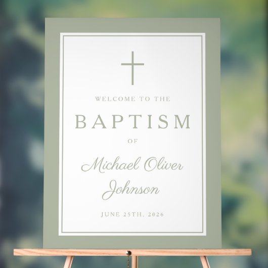 Elegant Sage Green Cross Boy Baptism Welcome Acryl Bord (Neutraal)
