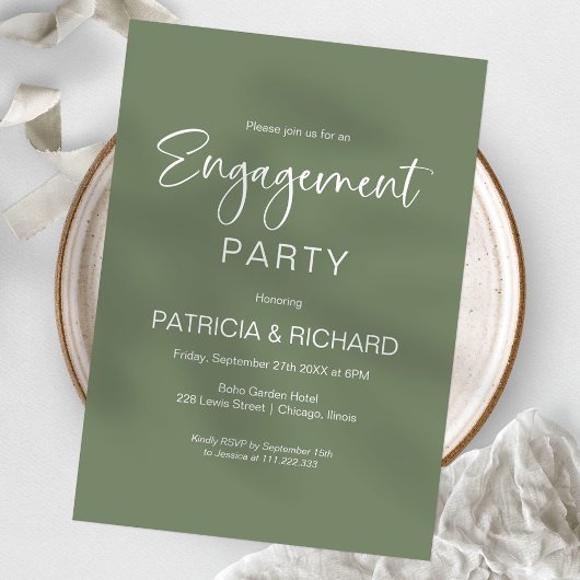 Elegant Sage Green Engagement Party Kaart