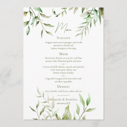 Elegant Sage Green Eucalyptus Foliage Weddenschap Menu (Voorkant)