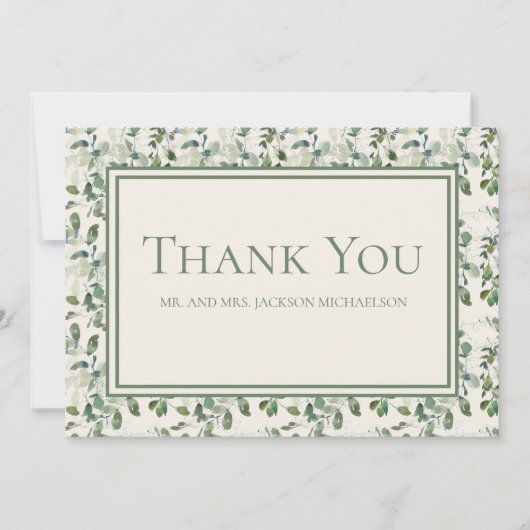 Elegant Sage Green Eucalyptus Leaves Cream Wedding Bedankkaart (Voorkant)