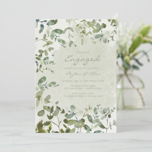 Elegant Sage Green Eucalyptus White Verloving Kaart (Staand voorkant)