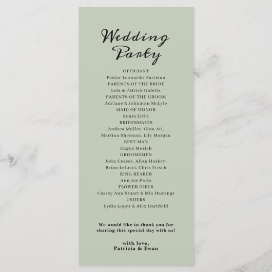 Elegant Sage Green Flat Wedding-programma Programmakaart (Achterkant)
