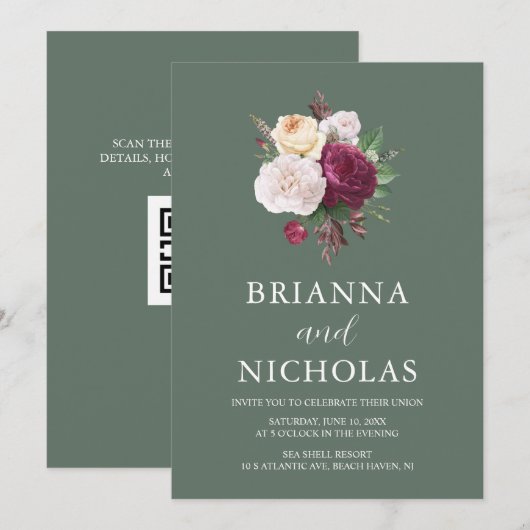 Elegant Sage Green Floral All in One Wedding Kaart (Voorkant / Achterkant)