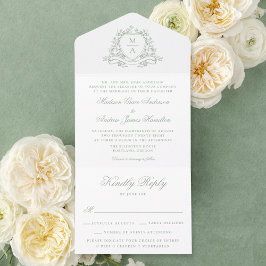 Elegant Sage Green Floral Crest Monogram Wedding  All In One Uitnodiging