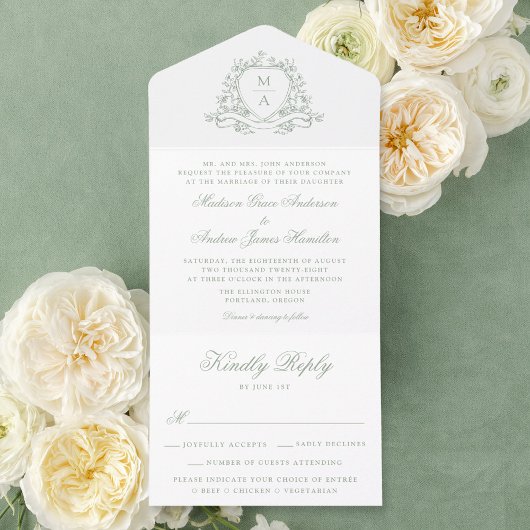 Elegant Sage Green Floral Crest Monogram Wedding  All In One Uitnodiging