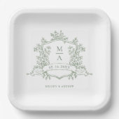 Elegant Sage Green  Floral Crest Monogram Wedding Papieren Bordje (Voorkant)