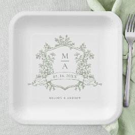 Elegant Sage Green Floral Crest Monogram Wedding Papieren Bordje