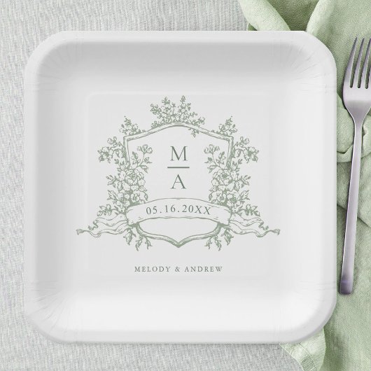 Elegant Sage Green  Floral Crest Monogram Wedding Papieren Bordje