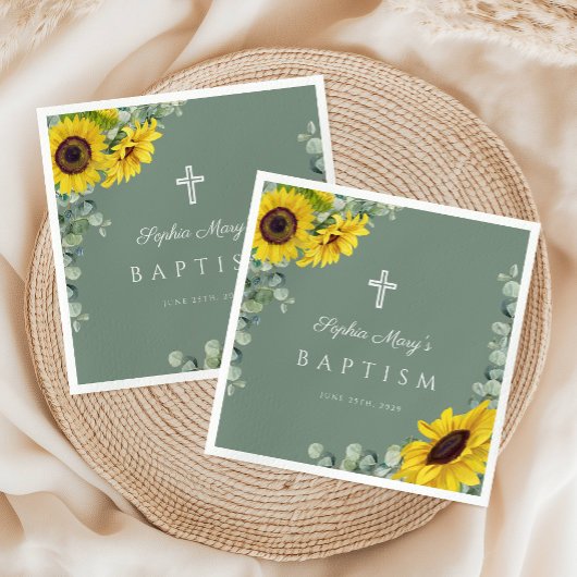 Elegant Sage Green Floral Cross Baptisme Servet
