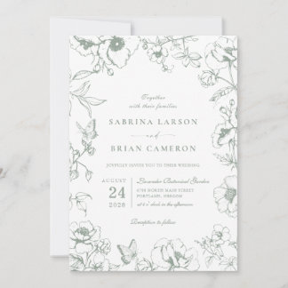 Elegant Sage Green Floral Garden Wedding Photo Kaart