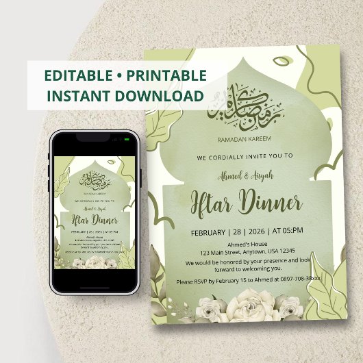 Elegant Sage Green Floral Iftar Dinner Invitation Kaart