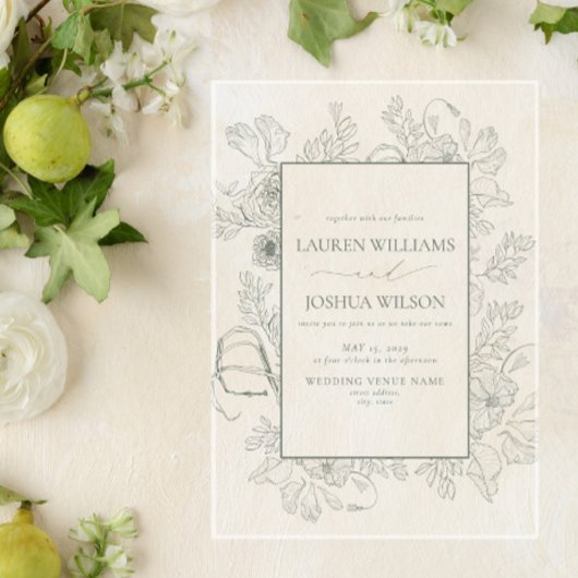 Elegant Sage Green Floral Line Art Wedding Acryl Uitnodigingen