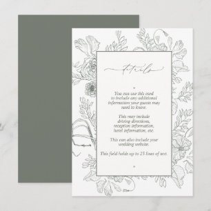 Elegant Sage Green Floral Line Art Wedding Details Informatiekaartje