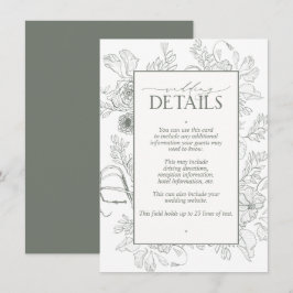 Elegant Sage Green Floral Line Art Wedding Details Informatiekaartje