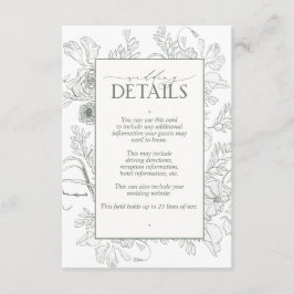 Elegant Sage Green Floral Line Art Wedding Details Informatiekaartje