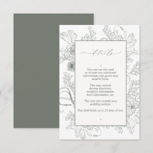 Elegant Sage Green Floral Line Art Wedding Details Informatiekaartje