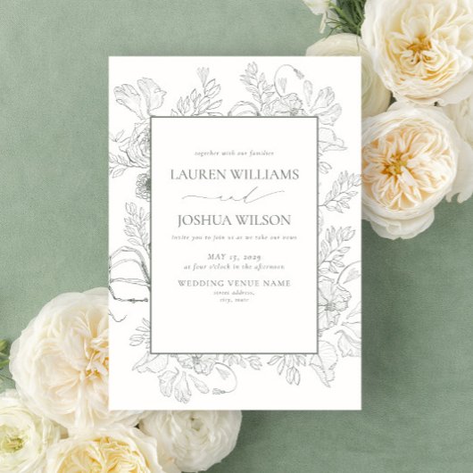 Elegant Sage Green Floral Line Art Wedding Kaart