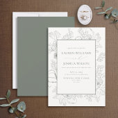 Elegant Sage Green Floral Line Art Wedding Kaart