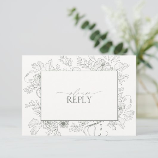 Elegant Sage Green Floral Line Art Wedding QR Code RSVP Kaartje (Staand voorkant)