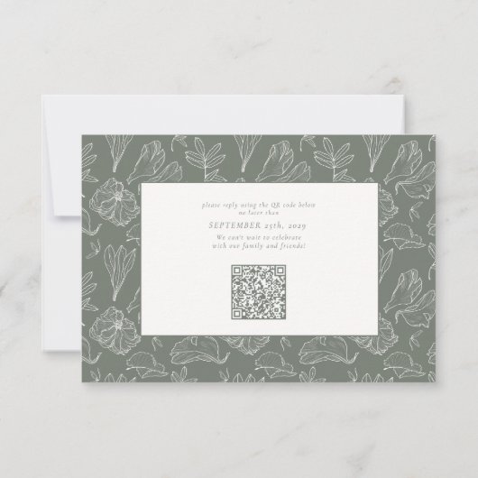 Elegant Sage Green Floral Line Art Wedding QR Code RSVP Kaartje (Achterkant)