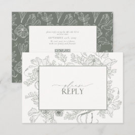 Elegant Sage Green Floral Line Art Wedding QR Code RSVP Kaartje