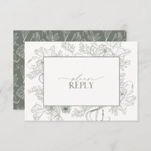 Elegant Sage Green Floral Line Art Wedding QR Code RSVP Kaartje