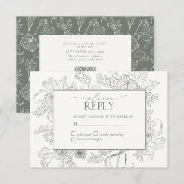 Elegant Sage Green Floral Line Art Wedding RSVP Kaartje