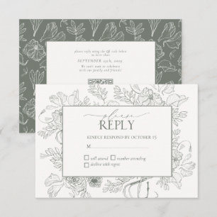 Elegant Sage Green Floral Line Art Wedding RSVP Kaartje