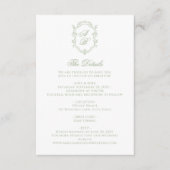 Elegant Sage Green Floral Monogram Crest Wedding Informatiekaartje (Voorkant)
