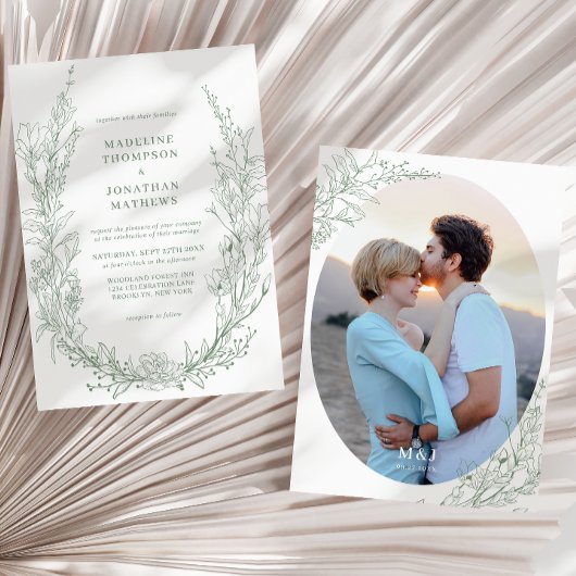 Elegant Sage Green Floral Monogram Photo Wedding Kaart