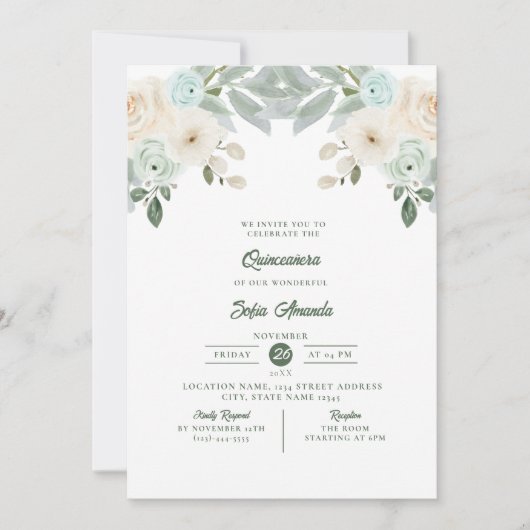 Elegant Sage Green Floral Princess Quinceañera Kaart (Voorkant)