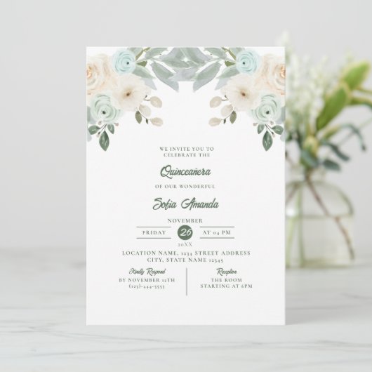 Elegant Sage Green Floral Princess Quinceañera Kaart (Staand voorkant)