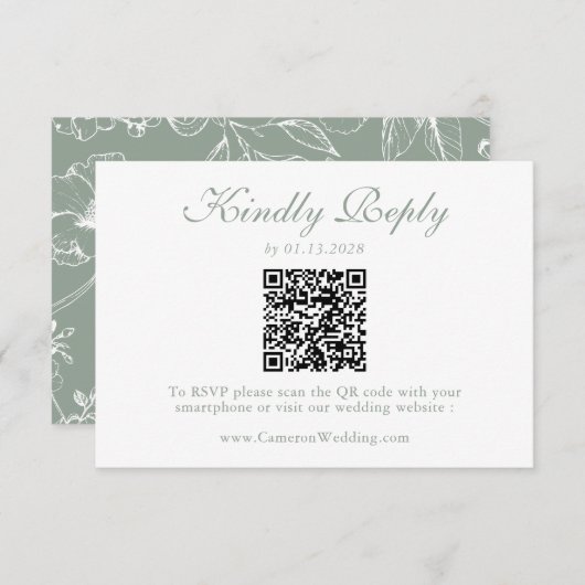 Elegant Sage Green Floral QR Code Wedding RSVP  (Voorkant / Achterkant)